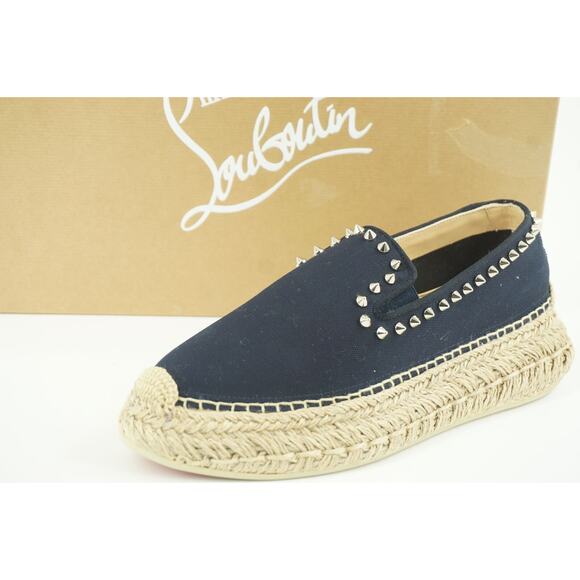 Christian Louboutin Espaboat Navy Canvas Spiked Espadrille Flat SZ 37 NIB - Picture 1 of 11
